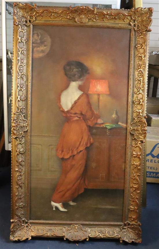 § Henri Moreau (Belgian, 1869-1943) The Lady in Red 39 x 19.5in.